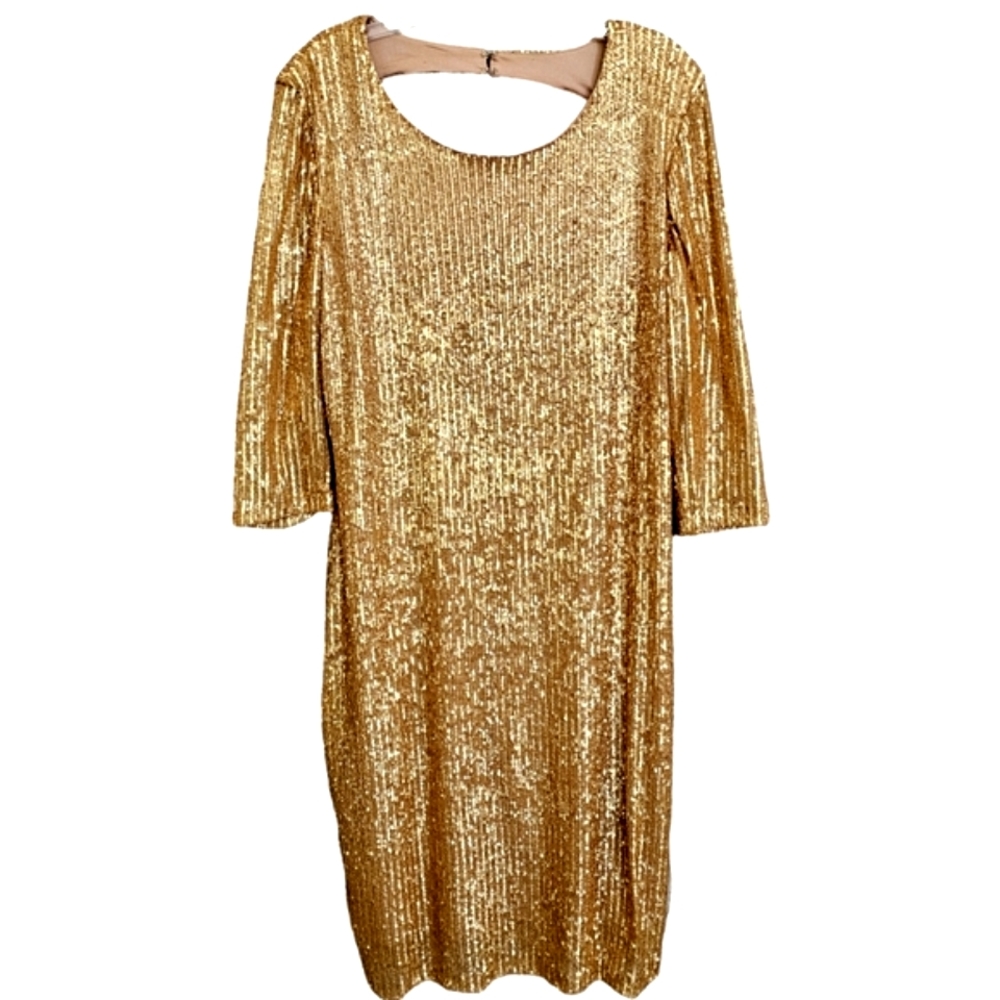 NY & Co Gold Sequined Nwot 3/4 Sleeve Cutout Open Back Cocktail Sheath Dress